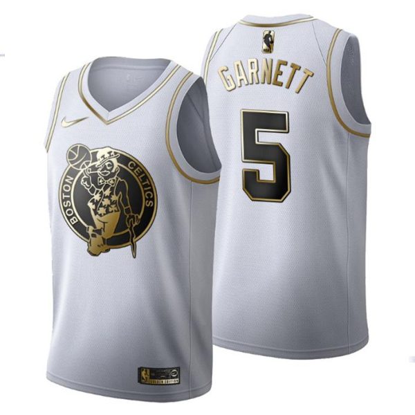 Herren Boston Celtics Trikot #5 Kevin Garnett Golden Edition Weiß Fashion – Herren