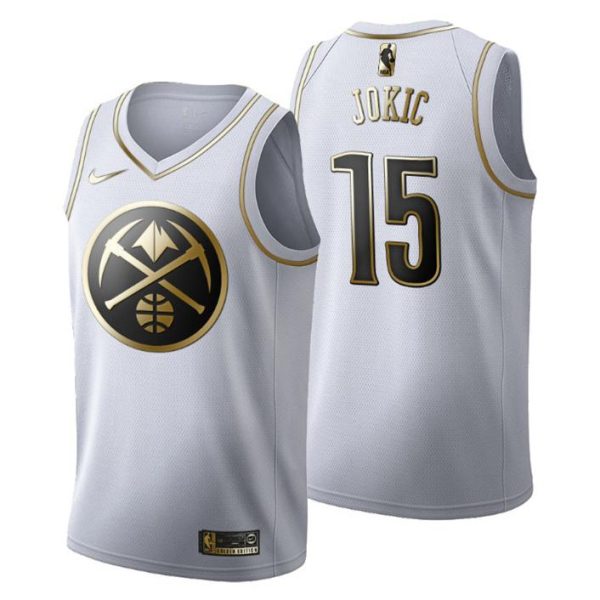 Herren Denver Nuggets Trikot #15 Nikola Jokic Golden Edition Weiß Fashion