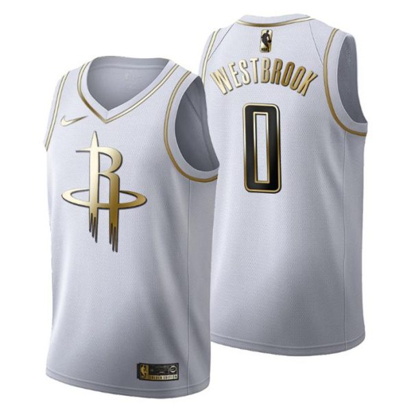 Herren Houston Rockets Trikot #0 Russell Westbrook Golden Edition Weiß Fashion