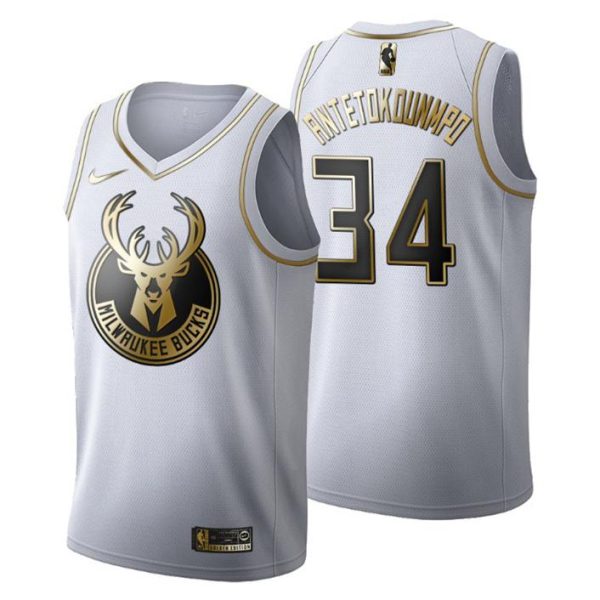 Herren Milwaukee Bucks Trikot #34 Giannis Antetokounmpo Golden Edition Weiß Fashion