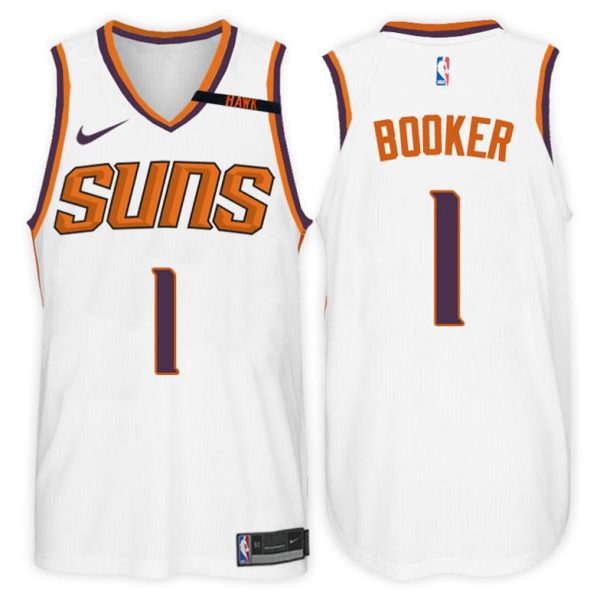 Herren Phoenix Suns Trikot #1 Devin Booker Hawkins Honor Patch Association Weiß Swingman