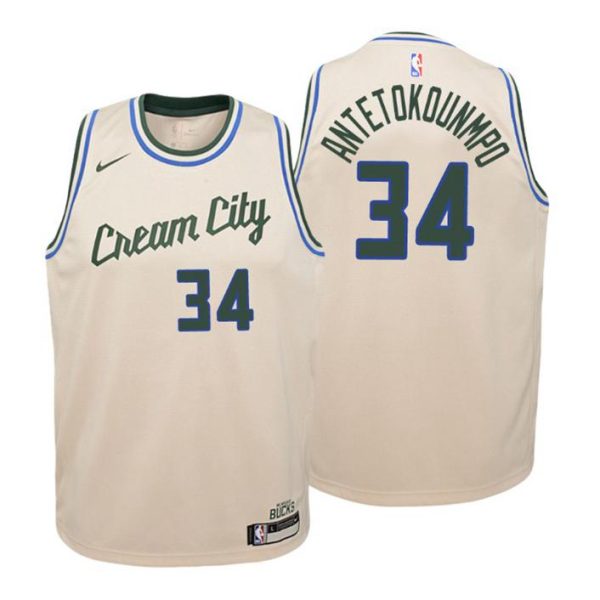 Kinder 2019-20 Milwaukee Bucks Trikot #34 Giannis Antetokounmpo City Cream Swingman