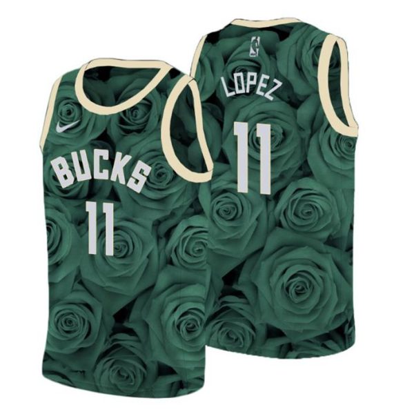 Milwaukee Bucks Trikot Herren Rose National Flower Brook Lopez Grün